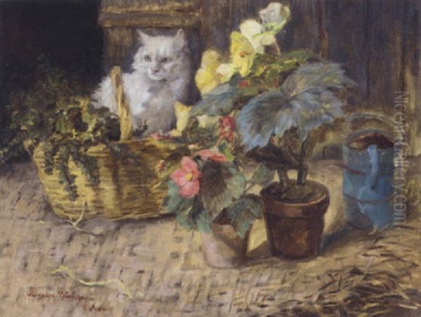 A White Cat By The Potting Shed Oil Painting by Clemence Nielssen