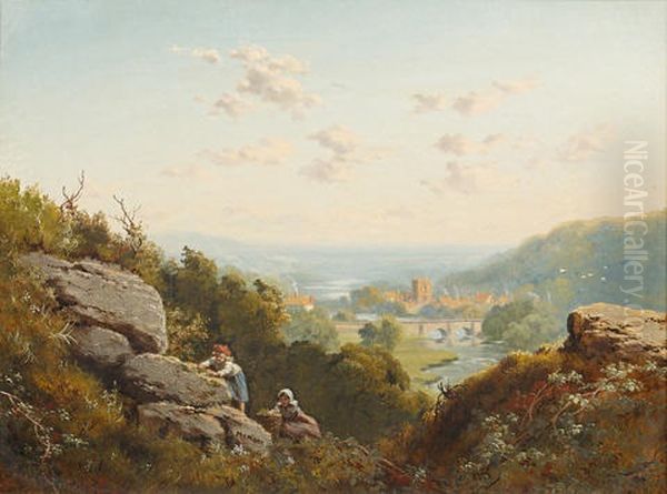 Extensive Landscape With Distant View Of A Town And Children Climbing Rocks In The Foreground Oil Painting by Edmund John Niemann