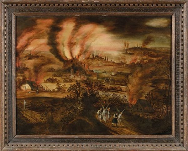 Loth Et Ses Filles Quittant Sodome Et Gomorrhe En Flammes Oil Painting by Adriaen van Nieulandt