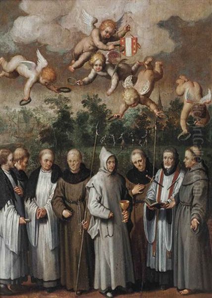 Saint Thomas Becket Surrounded By Monks And Being Heralded By Putti Oil Painting by Adriaen van Nieulandt