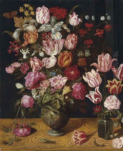 Tulips, Roses, Turk's Cap Lilies, Columbines, Carnations And Other Flowers In A Ceramic Vase, With Tulips In A Glass Vase, On A Wooden Ledge... Oil Painting by Adriaen van Nieulandt
