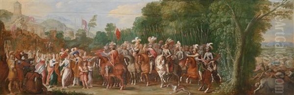 Musizierende Festlich Geschmuckte Frauen Empfangen Karl V Und Sein Heer Beim Triumphalen Einzug In Die Befreite Stadt Tunis Oil Painting by Adriaen van Nieulandt