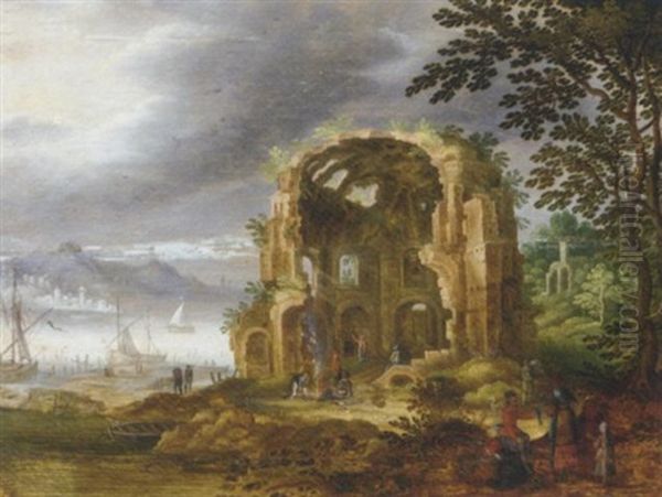 A River Landscape With The Temple Of Minerva Medica Oil Painting by Adriaen van Nieulandt