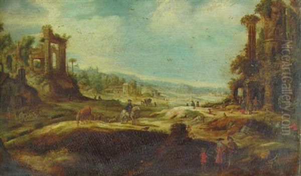 An Extensive Landscape With Travellers By Ruins Oil Painting by Adriaen van Nieulandt