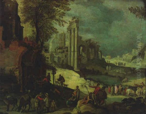 Figures Resting Before A Trattoria, The Forum And Saint Peter's, Rome Beyond Oil Painting by Adriaen van Nieulandt
