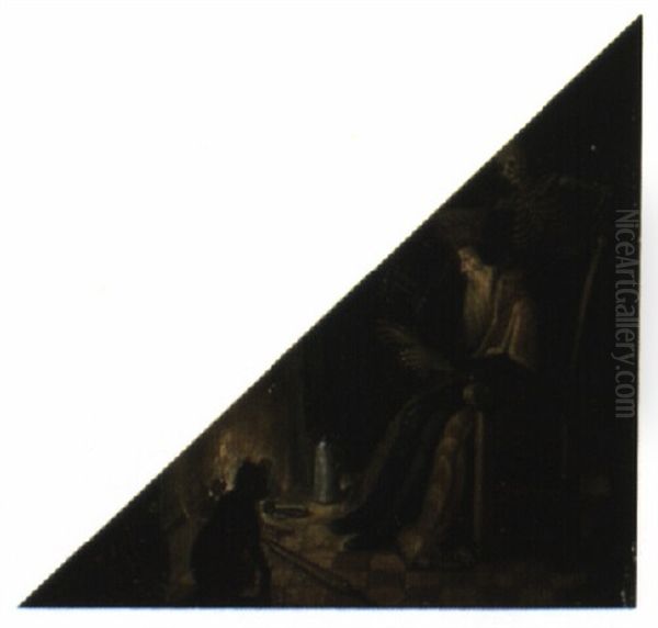 Old Man By Fireplace Flanked By Figure Of Death Oil Painting by Adriaen van Nieulandt