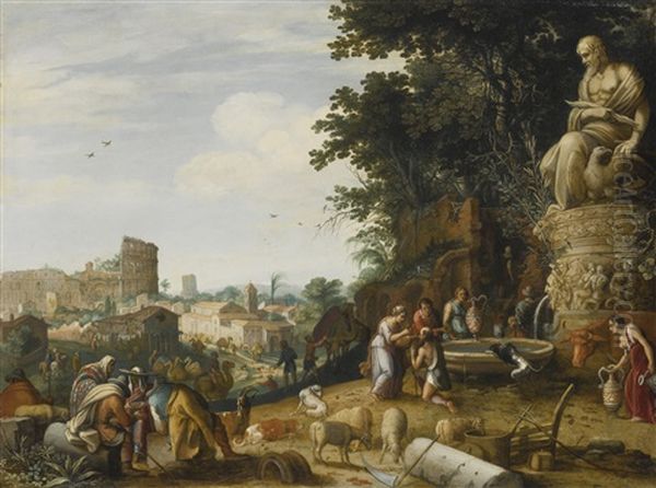 A Capriccio View Of Rome With The Colosseum And Rebecca And Eliezer By A Statue Of Zeus Oil Painting by Willem van Nieulandt the Elder