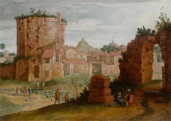 Romische Stadtansicht Mit Ruinen Der Trajansthermen Oil Painting by Willem van, the Younger Nieulandt
