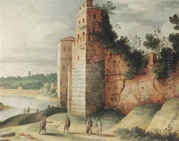 An Italianate Landsape With Figures Collecting Antique Artefacts, Among Ancient Ruins Oil Painting by Willem van, the Younger Nieulandt