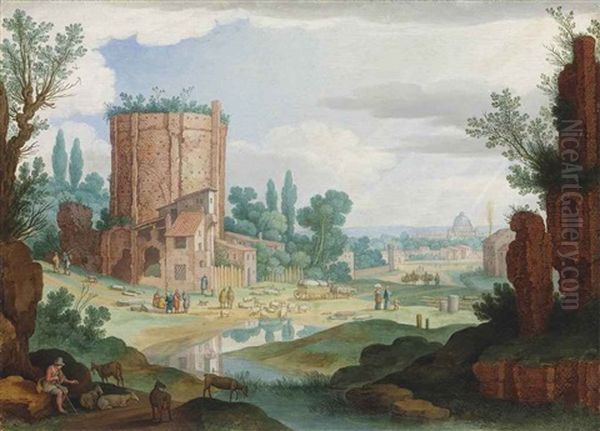 An Italianate Landscape With Classical Ruins, Reminiscent Of The Terme Di Traiano, Shepherds Watering Their Flocks, A View Of Rome In The Distance Oil Painting by Willem van, the Younger Nieulandt
