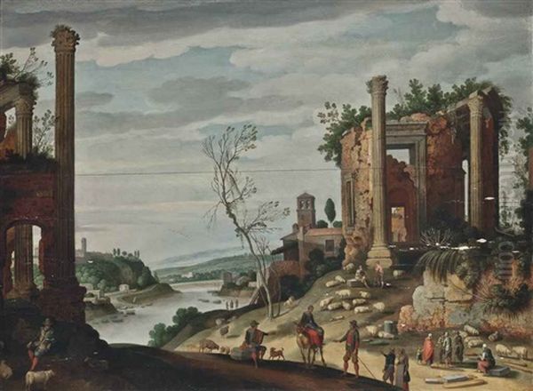 A River Landscape With Classical Ruins, Shepherds And Shepherdesses And Their Flock Oil Painting by Willem van, the Younger Nieulandt