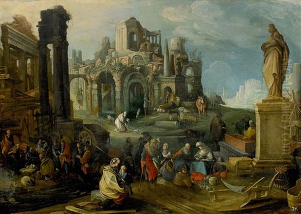 Bonder Bland Romerska Ruiner / Den Gudomliga Fodelsen Oil Painting by Willem van, the Younger Nieulandt