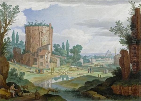 Mediterrane Ruinenlandschaft Mit Hirten Und Schafen Und Blick Auf Rom Im Hintergrund Oil Painting by Willem van, the Younger Nieulandt