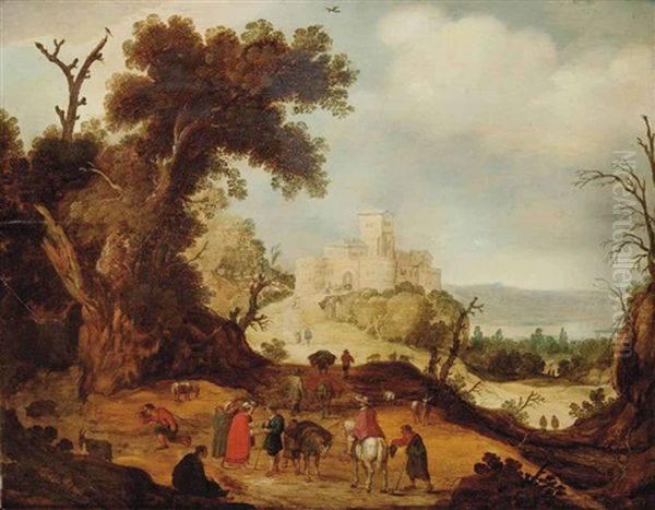 An Italianate Landscape With Travelers And A Fortune Teller On A Path, A Fortification Beyond Oil Painting by Willem van, the Younger Nieulandt