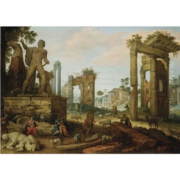The Forum Romanum: Shepherds With Their Flock Amidst The Remains Of Roman Antiquities, An Amorous Peasant Couple In The Foreground Oil Painting by Willem van, the Younger Nieulandt
