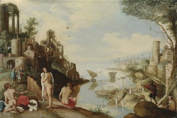 A Capriccio Landscape With Men Bathing Oil Painting by Willem van, the Younger Nieulandt