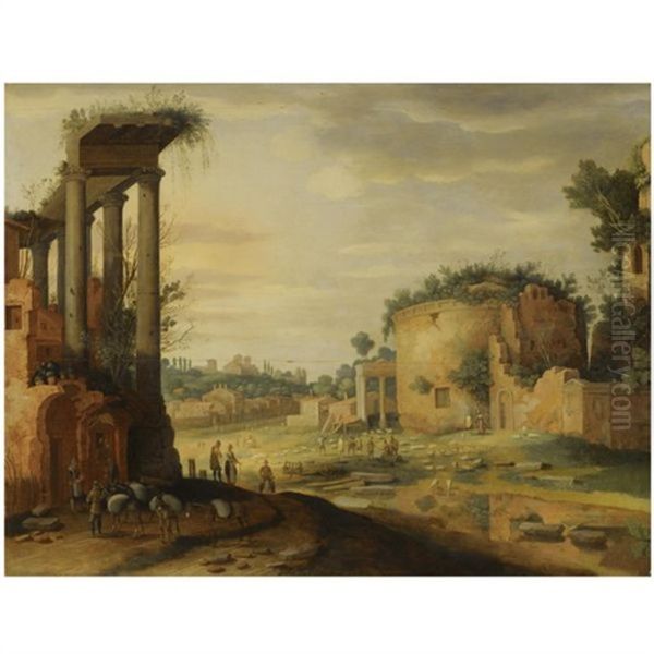 A Capriccio Italianate Landscape With Travellers By Classical Ruins In The Foreground Oil Painting by Willem van, the Younger Nieulandt