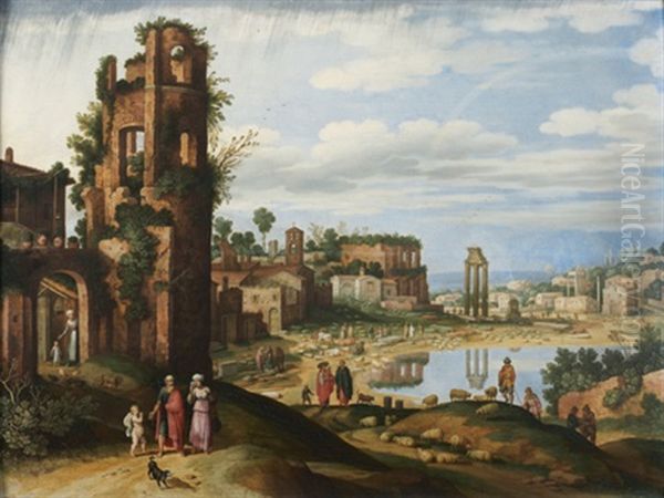 Vue Fantaisiste Du Forum Apres La Pluie, Animee De Personnages Oil Painting by Willem van, the Younger Nieulandt