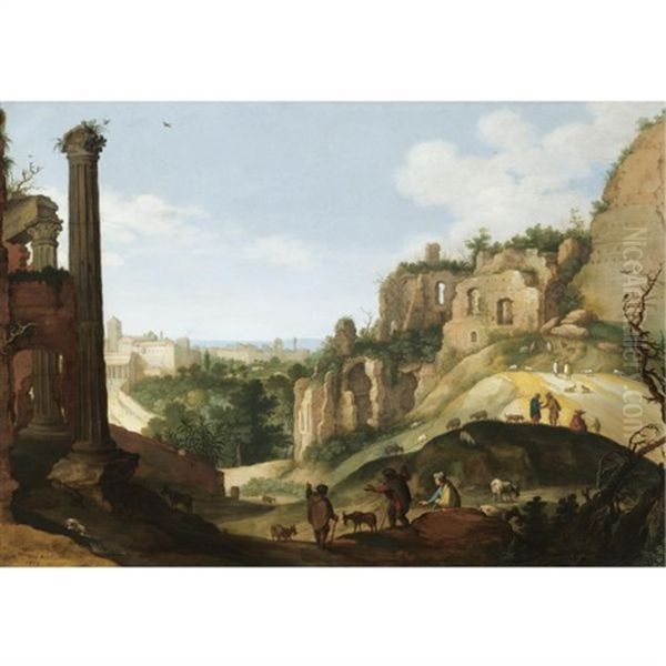 A Southern Landscape With Ruins, Possibly A Capriccio View Of Rome Oil Painting by Willem van, the Younger Nieulandt