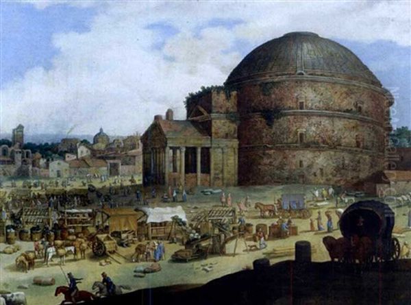 Busy Market Scene Outside The Pantheon At Rome Oil Painting by Willem van, the Younger Nieulandt