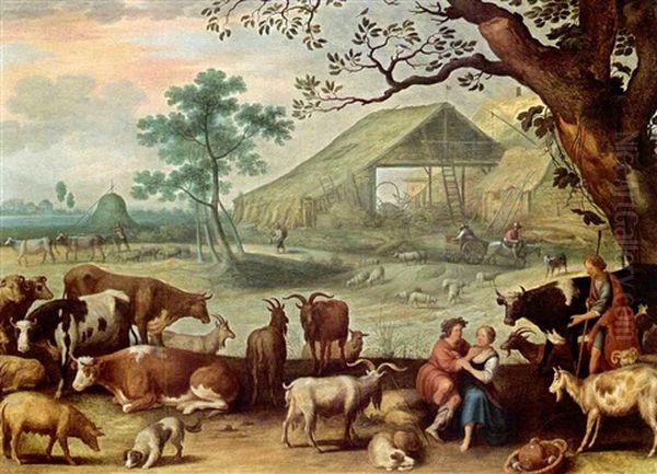 A Landscape With Amorous Shepherds And Their Herd With Another Shepherd Near A Tree In The Foreground, A View Of A Farm With A Horse-drawn Cart And Cows And Sheep Beyond Oil Painting by Willem van, the Younger Nieulandt