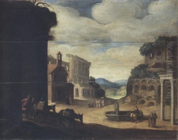 A Roman Landscape With A Drover And His Donkeys Before Ruins And Figures By A Fountain In The Distance Oil Painting by Willem van, the Younger Nieulandt
