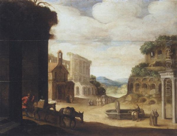 A Classical Landscape With A Drover And Mules, And A Religious Procession Beyond Oil Painting by Willem van, the Younger Nieulandt