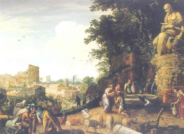 A Capriccio View Of Rome With The Colosseum And Rebecca And Elizer By A Statue Of Zeus Oil Painting by Willem van, the Younger Nieulandt