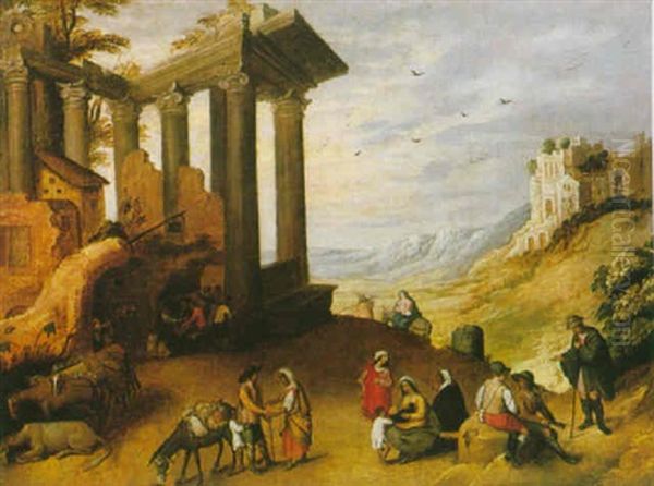 La Fuite En Egypte Dans Un Paysage De Ruines Oil Painting by Willem van, the Younger Nieulandt