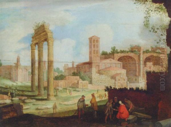 The Forum, Rome, With The Temple Of Castor And Pollux Oil Painting by Willem van, the Younger Nieulandt