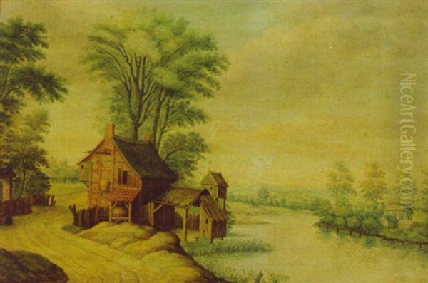 A River Landscape With A House By A Road Oil Painting by Willem van, the Younger Nieulandt