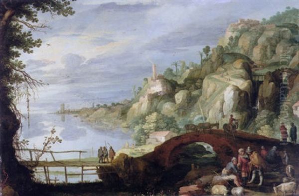 A Rocky River Landscape With Shepherds, Goatherds And Their Livestock Resting On A Path, A Mule Train Beyond Oil Painting by Willem van, the Younger Nieulandt