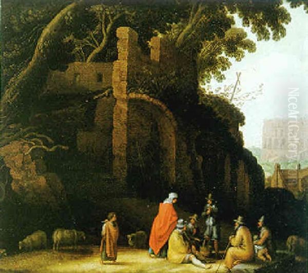 La Halte Des Bohemiens Avec Au Fond Le Colisee Oil Painting by Willem van, the Younger Nieulandt