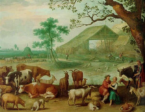 A Farmyard With A Couple Sitting Beneath A Tree, A Shepherd With His Livestock Beyond Oil Painting by Willem van, the Younger Nieulandt
