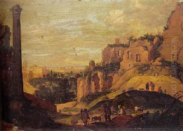 A Capriccio View Of Rome, With Figures And Farm Animals Near Ruins In The Foreground Oil Painting by Willem van, the Younger Nieulandt