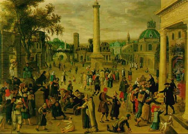 Vue De La Place D'une Ville Romaine Avec Les Sept Actes De Charite Oil Painting by Willem van, the Younger Nieulandt