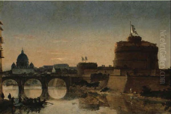 The Castel Sant'angelo And The Pont Sant'angelo With Vatican In Distance Oil Painting by Willem van, the Younger Nieulandt