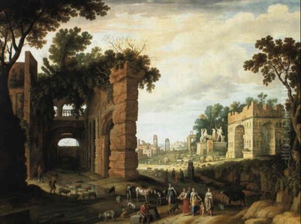 Capriccio Of The Roman Forum With Drovers And Watercarriers On A Path Oil Painting by Willem van, the Younger Nieulandt