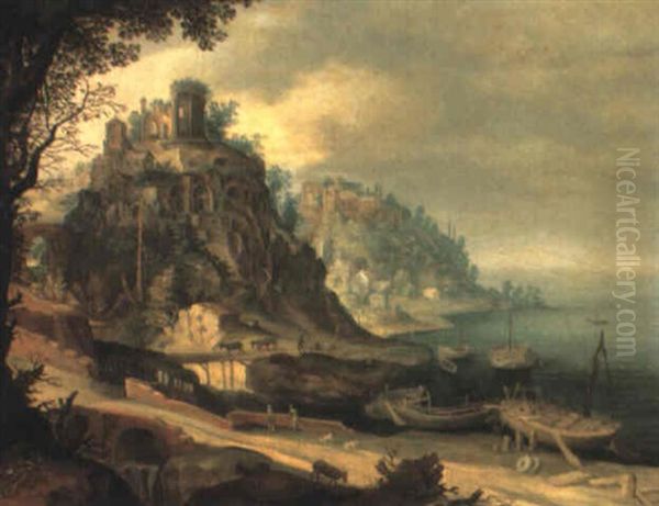 Rocky Mediterranean Coast With The Temple Of The Sibyl At Tivoli Oil Painting by Willem van, the Younger Nieulandt