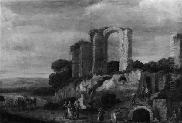 Reisende In Einer Landschaft Mit Antiken Ruinen Oil Painting by Willem van, the Younger Nieulandt