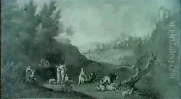 A Classical Italianate Landscape With Women Bathing In The  Foreground Oil Painting by Willem van, the Younger Nieulandt