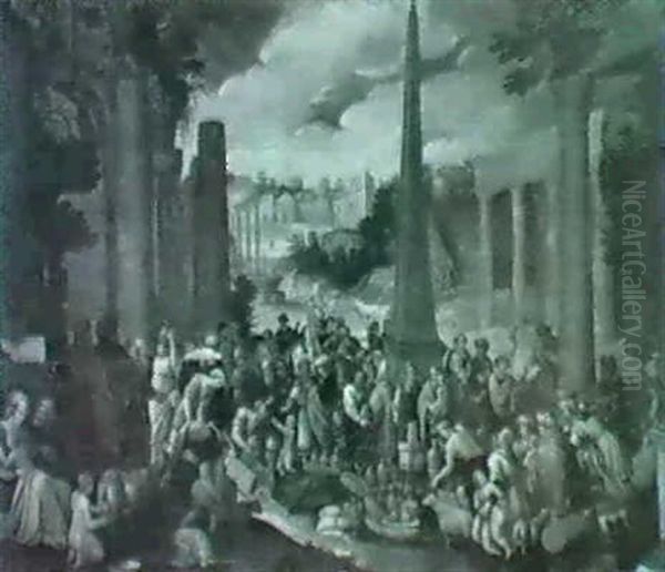 A Market Among Ruins In An Italianate Landscape. Oil Painting by Willem van, the Younger Nieulandt