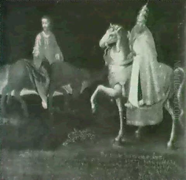 A Protestant Allegory Of A Pope On A Horse And Christ On    A Donkey With Extensive Indis-tinct Inscription In German Oil Painting by Willem van, the Younger Nieulandt