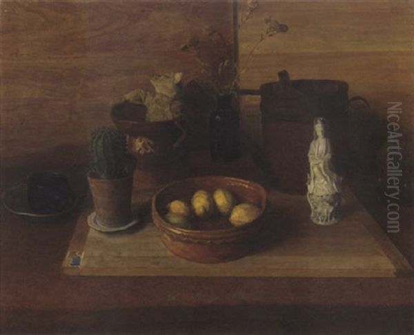 A Still Life With Oriental Sculpture, Lemons In A Bowl, A Cactus And A Teddy Bear Oil Painting by Jakob Nieweg