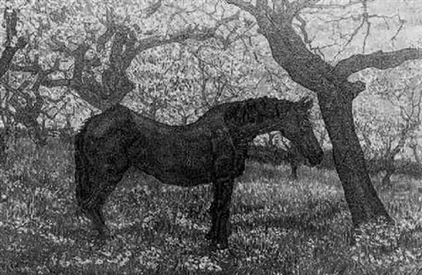 A Horse In An Orchard Oil Painting by Jakob Nieweg
