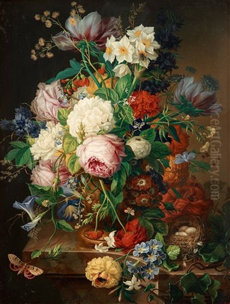 Still Life With Roses, Forget-me-not, Poppies, Hyacinths, Butterflies And A Bird's Nest Oil Painting by Joseph Nigg