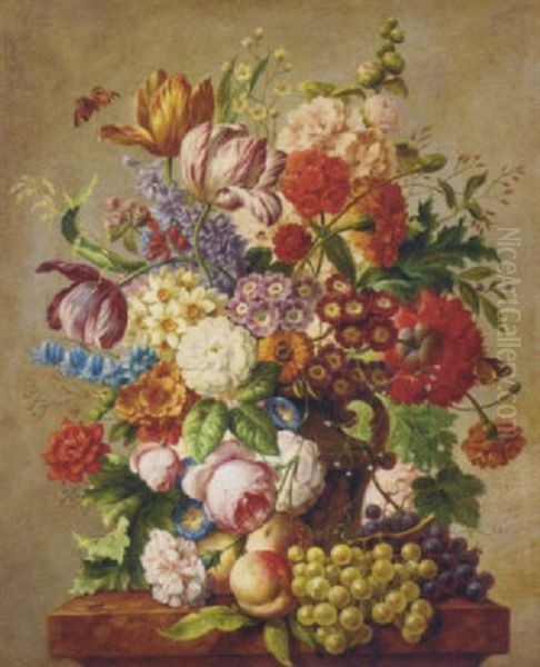Assorted Summer Flowers In A Vase On A Stone Ledge Oil Painting by Joseph Nigg