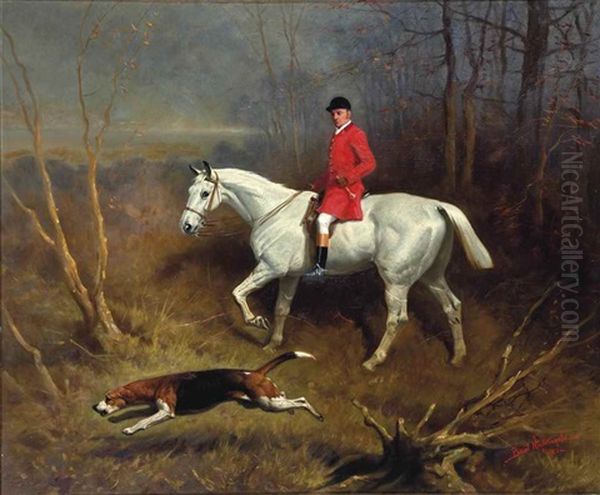 Gillard, Grey Bolt, A Huntsman On A Grey Horse, Riding Through A Wood With A Hound On The Scent Oil Painting by Basil J. Nightingale