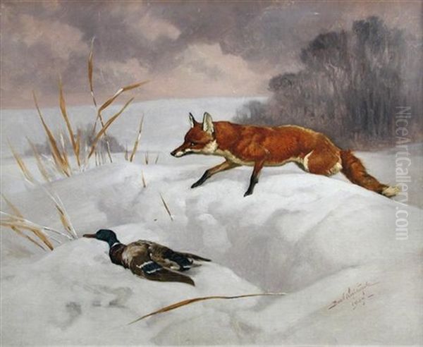 Fox And Duck In A Winter Landscape Oil Painting by Basil J. Nightingale