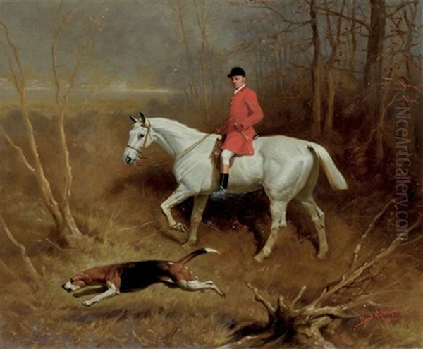 A Huntsman On A Grey Horse, Riding Through A Wood With A Hound On The Scent Oil Painting by Basil J. Nightingale